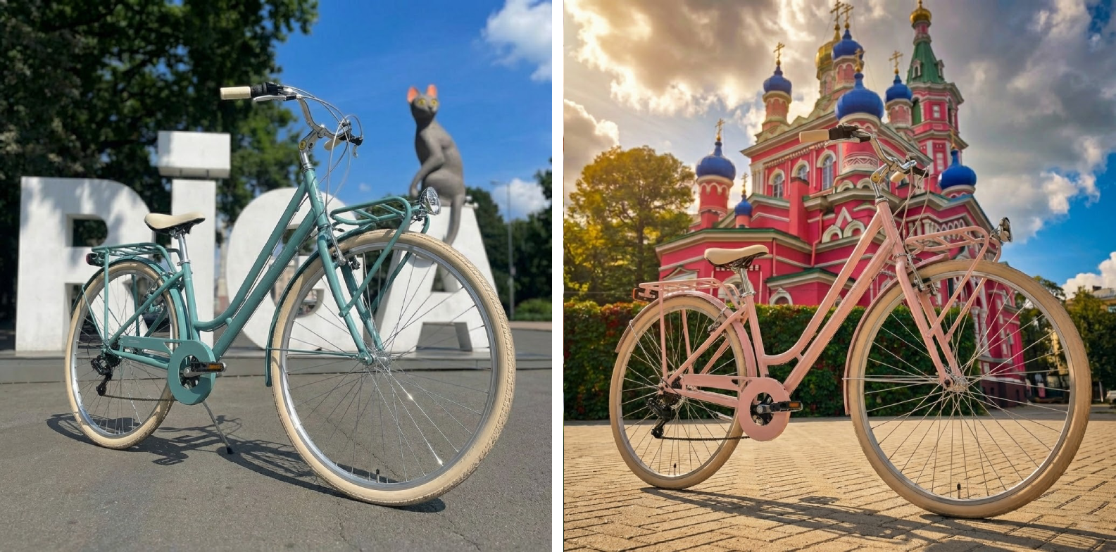 Retro sieviešu velosipēds ar pazeminātu rāmi un gaišām riepām, novietots pilsētas laukumā; fonā redzama krāsaina baznīca ar zilām kupolēm un saulainas debesis.