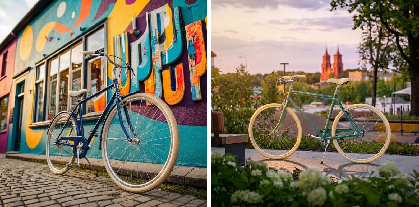 Retro vīriešu velosipēds ar taisnu augšējo rāmi un gaišām riepām, novietots uz bruģētas ielas pie krāsainas sienas ar māksliniecisku grafiti.